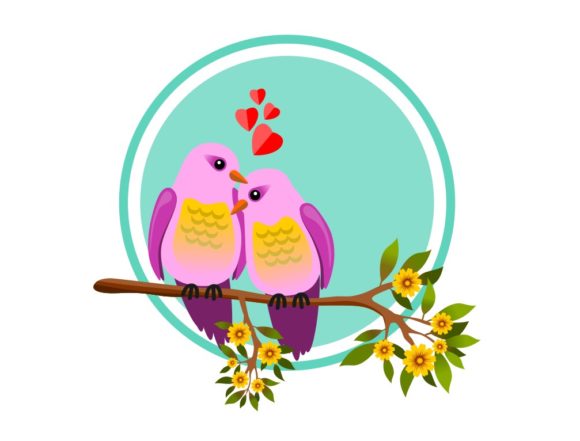 Charming Digital Art: Birds in Love on a Tree Branch