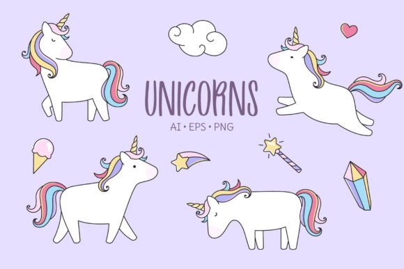 Unicorns, Set of Cartoon Illustrations: A Creative Toolkit